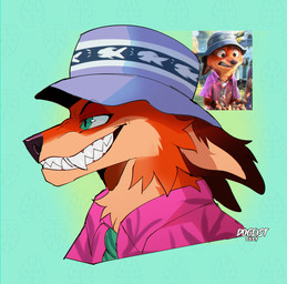 anthro black_eyebrows black_nose blue_clothing blue_hat blue_headwear brown_ears brown_tuft bucket_hat cheek_tuft clothed clothed_anthro clothed_male clothing countershade_face countershade_fur countershade_neck countershading ear_tuft eyebrow_through_hat eyebrows facial_tuft fangs fish_print fur glistening glistening_eyes green_eyes green_necktie grin hat headgear headwear male male_anthro neck_tuft necktie open_mouth orange_body orange_fur orange_tuft pink_clothing pink_dress_shirt pink_shirt pink_topwear pupils sharp_teeth shirt side_view smile snout solo tan_body tan_countershading tan_inner_ear tan_tuft teeth text topwear translucent translucent_clothing translucent_hat translucent_headwear tuft white_text dogeist disney zootopia nick_wilde canid canine fox mammal red_fox true_fox 2024 absurd_res artist_name dated digital_media_(artwork) headshot_portrait hi_res portrait reference_image shaded