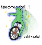 absurd_res amphibian comic dat_boi english_text feral friisans frog hi_res humor male meme profanity simple_background solo sparkles text unicycle vehicle white_background