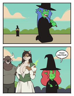 2_horns 5_fingers ambiguous_gender anthro big_breasts biped black_clothing black_dress black_footwear black_hat black_headwear black_lips black_sclera black_shoes blue_hair bottomwear bovid_horn bovine_horn breasts brown_body brown_hair cleavage closed_smile clothed clothed_anthro clothed_female clothed_humanoid clothed_male clothing cloud countershade_arms countershade_face countershade_hands countershade_neck countershade_torso countershading crowd day dialogue dress ear_piercing ear_ring eyes_closed female fingers footwear freckled_face freckles front_view fully_clothed fully_clothed_anthro fully_clothed_female fully_clothed_humanoid fully_clothed_male green_body green_bottomwear green_clothing green_pants green_shirt green_topwear group hair hand_on_own_breast hat head_horn headgear headwear holding_object holding_wand horn humanoid_pointy_ears instant_transformation kneeling lips looking_at_another male mouth_closed multicolored_body narrowed_eyes object_in_mouth open_mouth outside pants piercing pointy_ears red_hair ring_piercing shirt shoes silhouette sky small_comic smile smiling_at_another snout speech_bubble suicide talking_to_self tan_body tan_countershading tear_trough teeth text tongue_showing topwear torn_clothing torn_dress torn_topwear transformation trio tuft two_tone_body unimpressed wand white_clothing white_dress white_sclera witch_hat yellow_eyes bonnymama7 elphaba_(bonnymama7) selena_(bonnymama7) bovid bovine cattle felid humanoid mammal 2026 absurd_res colored comic digital_drawing_(artwork) digital_media_(artwork) end_page english_text flat_colors full-length_portrait hi_res portrait three-quarter_portrait