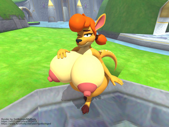 3_toes 4_fingers anthro big_breasts big_nipples bottomless bottomless_female breasts brown_body brown_fur clothed clothing feet female fingers fur hair huge_breasts huge_nipples hyper hyper_breasts looking_at_viewer nipples nude one_eye_closed outdoor_nudity outside red_hair smile smiling_at_viewer solo standing toes topless topless_female getboingedmydude activision spyro_the_dragon sheila_(spyro) kangaroo macropod mammal marsupial blender_(artwork) digital_media_(artwork) hi_res