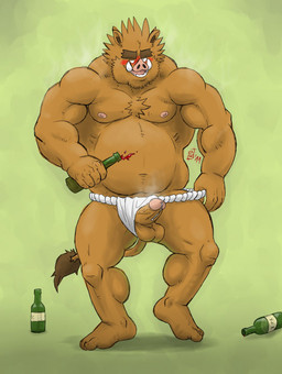 alcohol anthro asian_clothing balls belly beverage biceps biped blush bodily_fluids chest_tuft clothing clothing_aside drunk east_asian_clothing erection food front_view fundoshi fur genital_fluids genitals humanoid_genitalia humanoid_penis japanese_clothing looking_at_viewer male musclegut muscular muscular_anthro muscular_male musk pecs penis penis_base penis_poking_out precum slightly_chubby solo standing substance_intoxication tail tail_tuft tuft tusks underwear underwear_aside fb1907 junichi mammal suid suine sus_(pig) wild_boar hi_res