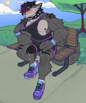 anthro athletic_wear barazoku bench biceps big_penis blush bodily_fluids bottomwear clothing cloud collar footwear genital_fluids genitals grass huge_penis leaking_precum male muscular muscular_anthro muscular_male musk musk_clouds outside pecs penis penis_through_clothing plant precum shirt shoes shorts sitting sky sneakers socks solo spiked_collar spikes sun sweat sweatdrop tail tank_top topwear tree sinisterheaven nouveau_howler canid canine canis mammal wolf hi_res