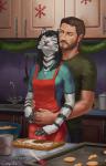 anthro apron arm_tuft beard black_body black_fur black_hair brown_hair clothed clothing duo elbow_tuft eyelashes eyes_closed facial_hair female female_on_human flour fur hair hand_on_belly hug hugging_another hugging_from_behind human_on_anthro interspecies kitchen long_hair male male_on_anthro mustache romantic romantic_ambiance romantic_couple stripes tuft white_body white_fur white_skin conqista chick_(gabrielofcreosha) jasmine_miller felid human mammal pantherine siberian_tiger tiger 2019