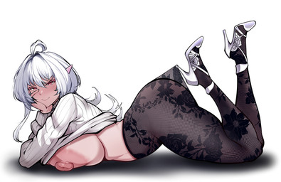 areola big_breasts big_butt biped black_clothing breasts butt clothed clothing female footwear glistening glistening_body hair high_heels humanoid_pointy_ears legwear looking_at_viewer lying nipples not_furry on_front pointy_ears shoes side_view solo stockings thick_thighs topwear translucent white_clothing white_hair owner_(artist) fate_(series) type-moon humanoid absurd_res hi_res