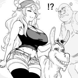 2_horns bald big_breasts big_nose black_clothing black_legwear black_mane black_shirt black_tank_top black_thigh_highs black_topwear black_underwear bodily_fluids bottomwear breasts cheek_tuft cleavage closed_frown closed_smile clothed clothed_female clothed_humanoid clothed_male clothing confusion exclamation_point eyebrow_through_hair eyebrows eyes_closed facial_tuft female female_humanoid feral frown frowning_at_another fully_clothed fully_clothed_female fully_clothed_humanoid fully_clothed_male fur grey_clothing grey_eyes grey_hat grey_headwear group hair hand_on_head hat headgear headwear horn hotpants larger_female larger_humanoid larger_male legwear long_ears long_hair looking_at_another looking_at_viewer male male_feral male_humanoid mane midriff mouth_closed navel no_pupils noseless open_clothing open_topwear open_vest pockets question_mark shirt shorts simple_background size_difference smaller_feral smaller_male smile smiling_at_viewer standing sweat sweatdrop tank_top thigh_highs thin_eyebrows toothy_grin topwear translucent translucent_hair trio tuft underwear undone_shorts vest white_background white_body white_bottomwear white_clothing white_fur white_hair white_horn white_hotpants white_shorts white_topwear white_vest baalbuddy dreamworks miss_kobayashi's_dragon_maid mythology shrek_(series) donkey_(shrek) quetzalcoatl_(dragon_maid) shrek_(character) animal_humanoid asinus donkey dragon dragon_humanoid equid equine horned_humanoid humanoid mammal mythological_creature mythological_scalie ogre scalie 1:1 2025 absurd_res crossover digital_drawing_(artwork) digital_media_(artwork) english_description greyscale hi_res monochrome shaded