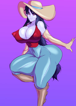 big_breasts big_butt black_hair boots breasts butt cleavage clothed clothing curvy_figure erect_nipples fangs female footwear gloves hair handwear hat headgear headwear huge_breasts long_hair nipple_outline nipples not_furry red_eyes shoes small_waist solo teeth wide_hips jay-marvel adventure_time cartoon_network marceline_abadeer humanoid vampire absurd_res hi_res