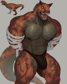 abs anthro arm_wraps barazoku big_bulge big_muscles big_pecs bulge clothed clothing facial_scar front_view hands_behind_back male muscular muscular_anthro muscular_male muscular_thighs pecs scar sharp_teeth solo teeth thick_thighs underwear underwear_only wraps yellow_eyes k0bit0wani toro_(jurassic_world) abelisaurid carnotaurus dinosaur prehistoric_species reptile saurischian scalie theropod absurd_res hi_res