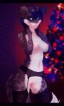 anthro blue_eyes bottomless breasts christmas_tree clothed clothing female fur garter_belt garter_straps genitals hair holidays inside legwear lingerie nipples pink_nose plant pussy scar solo spots stockings tree whiteabigail christmas felid leopard mammal pantherine snow_leopard 2016 hi_res