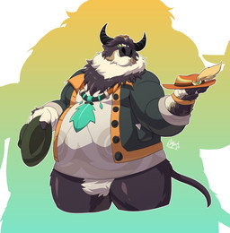 anthro belly black_body black_fur bottomless bottomless_anthro bottomless_male clothed clothing crotch_tuft fupa fur hat headgear headwear horn male overweight solo tuft elecrailvic petit_planet dorjelang_(petit_planet) bison bovid bovine mammal absurd_res hi_res