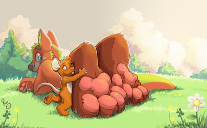 3_toes 4_toes anthro blue_eyes brown_body brown_fur closed_smile cloud duo extreme_size_difference feet flower fur grass logo lying male mouth_closed nude on_front orange_body orange_eyes orange_fur pawpads pink_pawpads plant size_difference smile standing toes white_flower young young_anthro young_male pandapaco mammal mouse murid murine rodent species_request artist_logo signature