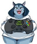 anthro big_breasts big_mouth_(anatomy) biped black_claws black_eyebrows blue_body blue_ears blue_eyes blue_fur blue_hair blue_stripes bottomless bottomless_anthro bottomless_female breasts claws clothed clothing collarbone controller curved_eyebrows dark_claws dark_ears dark_hair dark_stripes eyebrows eyelashes facial_markings female finger_claws fingers fondling front_view fur game_controller game_controller_shirt glistening glistening_eyes glistening_lips hair hand_on_breast hand_on_own_breast head_markings holding_breast huge_breasts iris legs_together light_body light_fur light_inner_ear light_nose light_tongue lips lipstick long_eyelashes looking_at_viewer makeup markings mature_anthro mature_female medium_hair open_mouth open_smile pink_inner_ear pink_nose pink_tongue pointy_ears presenting presenting_breasts prick_ears print_clothing print_shirt print_t-shirt print_topwear pupils red_lips red_lipstick self_fondle sharp_teeth shirt shirt_only simple_background smile smiling_at_viewer solo standing striped_body striped_face striped_fur stripes t-shirt t-shirt_only teeth thick_lips thick_thighs thin_eyebrows tongue topwear topwear_only white_background white_clothing white_shirt white_t-shirt white_topwear wide_hips dbaru microsoft tripping_the_rift xbox xbox_game_studios katherine_'kitty'_malak domestic_cat felid feline felis mammal 2020 colored_sketch digital_drawing_(artwork) digital_media_(artwork) hi_res portrait sketch three-quarter_portrait