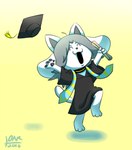 anthro clothed clothing diploma graduation graduation_cap graduation_robe hair open_mouth pawpads paws simple_background smile topwear white_body pinkcappanda undertale undertale_(series) temmie_(undertale) canid canine felid feline mammal tem hi_res