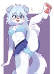 anthro blue_body blue_bottomwear blue_bra blue_clothing blue_eyes blue_fur blue_hair blue_panties blue_skirt blue_tail blue_underwear blush bodily_fluids border bottomwear bow_(feature) bra breasts butt butt_from_the_front button_ears clothed clothing clothing_bow countershade_torso countershading cute_fangs fangs female female_anthro floppy_ears front_view fur hair kemono looking_at_viewer medium_breasts midriff miniskirt multicolored_body multicolored_fur navel on_one_leg one_leg_up open_mouth panties panty_shot pawpads pink_pawpads plantigrade pleated_skirt purple_background raised_leg shirtless shirtless_anthro shirtless_female simple_background skirt solo standing sweat sweatdrop tail teeth two_tone_body two_tone_fur two_tone_tail underwear upskirt white_body white_border white_fur white_tail conditional_dnp muffyteru glacia_(muffyteru) canid canine canis domestic_dog mammal 2025 absurd_res digital_media_(artwork) hi_res shaded