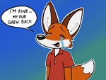 4:3 anthro blue_background bodily_fluids brown_body brown_fur canid canine clothing crying fox fur geekfox geekfox_(character) gradient_background green_background male mammal open_mouth orange_body orange_fur polo_shirt red_polo_shirt shirt simple_background solo tears tears_of_joy tongue_showing topwear white_body white_fur