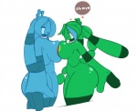 2016 annabelle_(flare-zen) anthro anthrofied areola bellaria_(latiar) big_breasts blue_body blue_hair blush breast_squish breasts breasts_frottage bronzong butt dialogue duo english_text eyes_closed fan_character female female/female flare-zen generation_4_pokemon green_body green_hair hair huge_breasts long_hair navel nintendo nipples nipples_touching nude pokemon pokemon_(species) pokemorph shiny_pokemon side_boob side_view simple_background speech_bubble squish text thick_thighs white_background wide_hips