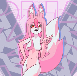 anthro areola breasts female fur gesture hair hand_gesture nude pink_body pink_fur pink_hair pointing red_eyes smile solo white_body white_fur spin_your_sin brand_new_animal studio_trigger nazuna_hiwatashi canid canine fox mammal absurd_res hi_res