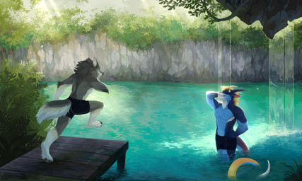 anthro black_bottomwear black_clothing blonde_hair blue_body bottomwear cheek_tuft clothed clothing duo eyes_closed facial_tuft fluffy fluffy_tail fur grey_body grey_fur grin hair male neck_tuft outside partially_submerged plant running shrub smile standing tail three-quarter_view topless tuft unsigned waterfall white_body white_fur corzh77 mythology favonius teryx_commodore canid canine canis dragon mammal mythological_creature mythological_scalie scalie wolf absurd_res hi_res