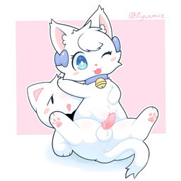 anus balls bell bell_collar blep blue_eyes bow_on_head bow_tie cat_tail chibi clitoral_hood collar duo ear_tuft female female_feral female_on_feral female_on_top feral feral_on_feral front_view fur fur_tuft genitals head_tuft imminent_sex intraspecies looking_at_another looking_at_partner looking_at_viewer lying male male/female male_feral male_on_bottom on_back on_bottom on_top one_eye_closed outline paws penis pink_background pussyjob quadruped sex simple_background tapering_penis text tongue tongue_out tuft vulva white_background white_body white_fur white_outline wink zyuuniie fuwi_(zyuuniie) domestic_cat felid feline felis mammal 1:1 2026 artist_name cel_shading digital_drawing_(artwork) digital_media_(artwork) hi_res shaded