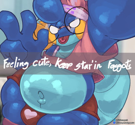 anthro belly big_belly bottomwear clothing crop_top eyewear first_person_view glasses headgear headwear hotpants huge_thighs male obese overweight shirt shorts solo teasing text thick_thighs tongue tongue_out topwear littlerager nintendo pokemon drippie_(littlerager) generation_3_pokemon mudkip pokemon_(species) hi_res