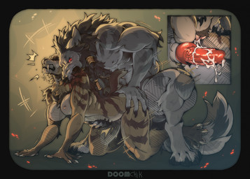 accessory animal_genitalia animal_penis anthro bite blood bodily_fluids braided_hair breasts canine_genitalia canine_penis claws clenched_teeth cum cum_in_vagina cum_inside cum_on_penis cutaway doggystyle duo fangs female finger_claws from_behind_position fur furgonomic_piercing furgonomics genital_fluids genital_piercing genitals grey_body grey_fur hair hair_accessory knot knotted_penis larger_male male male/female muscular muscular_anthro muscular_female muscular_male neck_tuft nipples paws penetration penile penile_penetration penis penis_in_vagina piercing red_eyes rough_sex sabertooth_(anatomy) sex sheath sheath_piercing shoulder_bite size_difference stripes tail tan_body tan_fur teeth text toe_claws tuft vaginal vaginal_penetration doomchik mythology mjodvitnir tora_(mjodvitnir) canid canine felid mammal mythological_canine mythological_creature prehistoric_species saber-toothed_tiger smilodon werecanid werecanine werecreature werewolf 2025 artist_name digital_media_(artwork) hi_res