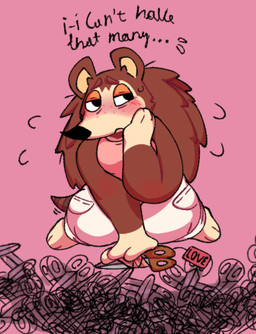 3_toes 4_fingers anthro barefoot black_eyes black_nose blush blushing_profusely bodily_fluids bottomwear breasts brown_body brown_eyebrows brown_fur brown_hair closed_frown clothing cursive ellipsis eyebrows feet female fingers freckled_face freckles frown fur gift gloves_(marking) hair half-closed_eyes kneeling leg_markings looking_away love markings mouth_closed narrowed_eyes pants pink_background pink_clothing pink_shirt pink_topwear pockets pointy_nose quill_hair scissors shirt shy simple_background small_breasts socks_(marking) solo striped_markings striped_tail stripes stuttering sweat sweatdrop tail tail_markings tail_motion tailwag text toes topwear white_body white_bottomwear white_clothing white_fur white_pants wrapping gnwired animal_crossing nintendo sable_able eulipotyphlan hedgehog mammal 2025 digital_drawing_(artwork) digital_media_(artwork) english_text hi_res