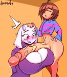 2_horns ahoge anthro anthro_on_anthro big_breasts big_butt big_penis blue_clothing blue_shirt blue_topwear bottomless breasts brown_hair butt circumcised cleavage_cutout clothed clothing cutout dress erection eyes_closed female femboy floppy_ears fur genitals glans hair horn huge_breasts huge_penis human_on_anthro hyper hyper_genitalia hyper_penis interspecies male male/female open_mouth pattern_clothing pattern_shirt pattern_topwear penis penis_awe penis_on_breasts pink_glans pupils purple_clothing purple_dress purple_shirt purple_topwear red_eyes shirt short_horn small_horn smile standing striped_clothing striped_shirt striped_topwear stripes surprised tan_body tan_skin thick_thighs topwear vein veiny_penis white_body white_fur white_pupils wide_hips leeewds undertale undertale_(series) frisk_(undertale) toriel bovid caprine goat human mammal 2025 hi_res