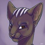 ambiguous_gender anthro brown_eyes cornrows dark_body dark_skin hairless half-closed_eyes looking_at_viewer narrowed_eyes simple_background solo kellwolfik reyth domestic_cat felid feline felis hairless_cat mammal sphynx_(cat) 1:1 digital_media_(artwork) headshot_portrait icon portrait shaded