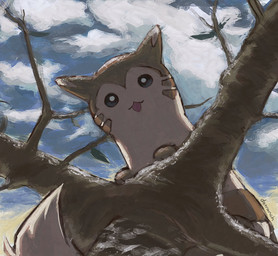 ambiguous_gender feral fur in_tree looking_at_viewer markings open_mouth paws plant solo striped_body stripes tail tan_body tan_fur tree whisker_markings dietranch nintendo pokemon furret generation_2_pokemon pokemon_(species) 2026 hi_res signature