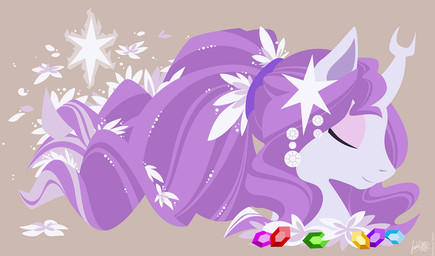 accessory amethyst_(gem) brown_background closed_smile emerald_(gem) eyes_closed female feral flower flower_in_mane fur gem grey_body grey_fur hair hair_accessory horn long_mane mane mouth_closed peridot_(gem) petals plant ponytail purple_eyelids purple_flower purple_hair_tie purple_horn purple_mane ruby_(gem) sapphire_(gem) side_view simple_background smile solo wavy_mane raygirl hasbro my_little_pony mythology fan_character harmony_(helios) equid equine mammal mythological_creature mythological_equine unicorn 2016 bust_portrait colored digital_drawing_(artwork) digital_media_(artwork) english_description hi_res lineless portrait shaded signature
