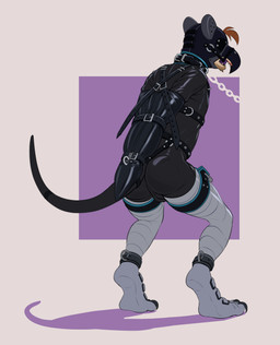 ambiguous_gender anthro arms_tied binder_(restraint) bondage_gear bound chain chain_leash clothing collar cuff_(restraint) gag harness latex latex_clothing latex_skinsuit leash lock mask restrained_arms restraints sensory_deprivation_hood shadow simple_background skinsuit solo straps tail tight_clothing wearing_mask owy hybrid absurd_res hi_res