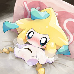 bed belly_eye blush censor_bar censored_genitalia censored_vulva female female_humanoid furniture genitals high-angle_view lying lying_on_bed multicolored_body on_back on_bed pillow solo steam three-quarter_view two_tone_body vulva white_body yellow_body yes-no_pillow yes_pillow lucky777 nintendo pokemon generation_3_pokemon humanoid jirachi legendary_pokemon pokemon_(species) 1:1 2026 absurd_res cel_shading censored digital_drawing_(artwork) digital_media_(artwork) hi_res meme shaded