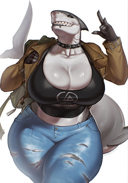5_fingers anthro backpack big_breasts black_lips black_sclera bottomwear breasts cleavage clothed clothing collar curvy_figure denim denim_bottomwear denim_clothing eyelashes facial_piercing female fingerless_gloves fingers freckled_breasts freckled_chest freckled_face freckles gesture gills glistening glistening_breasts glistening_eyelids gloves hand_gesture handwear huge_breasts jacket jeans lips long_eyelashes midriff navel nipple_outline nipple_piercing nipples non-mammal_breasts non-mammal_navel pants piercing shark_tail sharp_teeth simple_background solo spiked_collar spikes teeth thick_thighs thong_straps topwear torn_bottomwear torn_clothing torn_pants white_background wide_hips noizen linkin_park anna_karharova aquatic fish shark 2026 digital_media_(artwork) hi_res