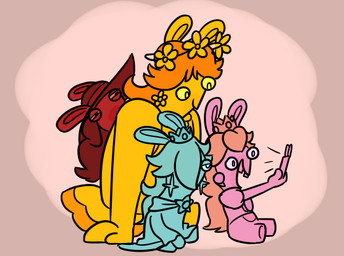 anthro black_eyes blue_body blue_clothing blue_dress blue_ear_piercing blue_eyes blue_fur blue_hair blue_sclera buckteeth cellphone closed_smile clothed clothed_anthro clothed_female clothing crown dress electronics featureless_feet feet female female_anthro flower flower_crown flower_ear_piercing fur group hair hat headgear headwear holding_cellphone holding_object holding_phone larger_anthro larger_female long_ears long_hair mitten_hands mouth_closed muscular muscular_anthro muscular_female narrowed_eyes noseless orange_body orange_clothing orange_dress orange_flower orange_fur phone pink_body pink_clothing pink_ear_piercing pink_eyes pink_sclera pink_shirt pink_skin pink_topwear plant red_body red_clothing red_fur red_hair red_hat red_headwear shirt simple_background size_difference smaller_anthro smaller_female smile squint star_ear_ring taking_picture taking_selfie tan_background tan_hair teeth topwear trio wide_brim_hat yellow_eyes yellow_sclera insertthenewblhere mario_bros mario_plus_rabbids_kingdom_battle mario_plus_rabbids_sparks_of_hope nintendo raving_rabbids rayman_(series) ubisoft bwahline fan_character rabbid_daisy rabbid_peach rabbid_rosalina lagomorph mammal rabbid 2024 crossover digital_drawing_(artwork) digital_media_(artwork) english_description flat_colors