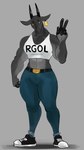 anthro belt belt_buckle bottomwear breasts buckle clothing crop_top denim denim_bottomwear denim_clothing ear_piercing ear_tag female fingers footwear fur gesture grey_body grey_fur hand_gesture hooved_fingers hooves horizontal_pupils horn jeans muscular muscular_anthro muscular_female pants pecs pecs_with_breasts piercing pupils shirt shoes small_breasts solo text text_on_clothing text_on_topwear topwear v_sign yellow_eyes boodapooks coffee_stain_studios epic_games fortnite goat_simulator pilgor_(goat_simulator) bovid caprine goat mammal 2022 hi_res unavailable_at_source