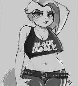 anthro anthrofied belt big_breasts breasts cleavage clothed clothing ear_piercing eyebrows eyelashes eyeshadow female freckles hair hand_behind_head huge_breasts lipstick looking_at_viewer makeup midriff navel piercing shirt simple_background solo studs text topwear under_boob lizombie friendship_is_magic hasbro my_little_pony babs_seed_(mlp) earth_pony equid equine horse mammal pony 2014 english_text greyscale monochrome