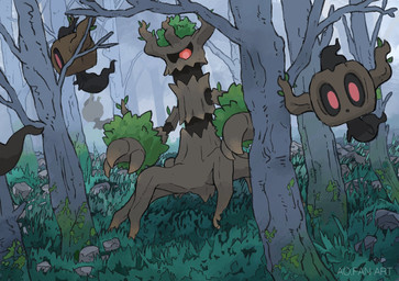 ambiguous_gender black_body branch floating forest grass group looking_at_another looking_at_viewer open_mouth outside plant red_eyes rock roots text tree yuuji7604 nintendo pokemon elemental_creature flora_fauna generation_6_pokemon ghost phantump pokemon_(species) spirit treant trevenant 2026 artist_name english_text hi_res