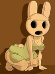 anthro breasts brown_background brown_body cleavage clothed clothing dress empty_eyes female green_clothing green_dress hollow_eyes kneeling simple_background solo nojimmyplz animal_crossing nintendo coco_(animal_crossing) gyroid lagomorph mammal hi_res