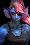blue_body blue_skin clothed clothing eye_patch eyewear female fin fish hair hair_over_eye hi_res humanoid looking_at_viewer marine muscular muscular_female muscular_humanoid nlmoo one_eye_obstructed ponytail red_hair shirt simple_background solo tank_top teeth topwear undertale_(series) undyne