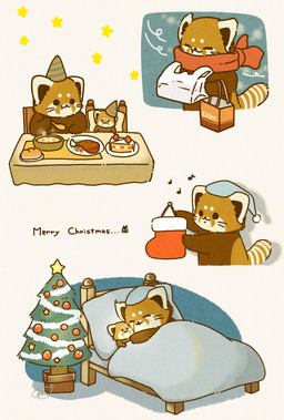 anthro bed biped black_eyes black_nose brown_body chibi christmas_tree clothing dot_eyes eating eyes_closed feral food furniture hat headgear headwear holiday_message holidays kemono lying pillow plant plushie scarf simple_eyes solo text tree shi_nominmin christmas ailurid mammal red_panda 2023 english_text hi_res