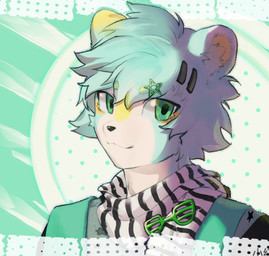 :3 abstract_background anthro clothing fur green_background green_body green_clothing green_eyes green_fur green_hair green_shirt green_topwear hair inner_ear_fluff looking_aside male markings pattern_clothing pattern_scarf scarf shirt simple_background smile solo striped_clothing striped_scarf stripes topwear tuft white_inner_ear_fluff white_markings yellow_inner_ear yellow_markings yzmycl bear mammal absurd_res bust_portrait digital_drawing_(artwork) digital_media_(artwork) hi_res portrait shaded soft_shading
