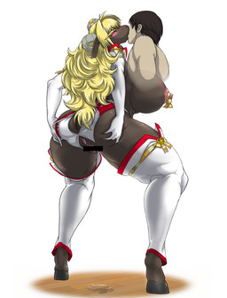 anthro anus big_breasts black_hair blonde_hair blush bodily_fluids breasts brown_body brown_fur butt censor_bar duo female fur genital_fluids genitals hair hand_on_butt horn human_on_anthro ineffective_censorship interspecies kemono kissing long_hair male male/female nipples rear_view short_hair solo_focus spread_butt spreading standing vaginal_fluids vaginal_fluids_puddle vulva baneroku bovid caprine domestic_sheep human mammal sheep 2015 censored hi_res