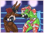 anthro areola big_breasts big_butt black_eye_(injury) blue_eyes blue_hair boots border boxing boxing_gloves breast_punch breasts brown_body brown_fur bruised butt clothed clothing competition crotchless_bottomwear crotchless_clothing female fighting_ring footwear fur genitals green_body green_scales green_skin gynomorph hair handwear headgear humanoid_genitalia humanoid_penis intersex legwear mouthguard nipples penis pink_border ponytail punch red_hair scales scut_tail sexual_competition sexual_fight shoes short_tail sport tail thick_thighs thigh_boots thigh_highs topless dcheese koc kamui_(daipingan-go) kaiju lagomorph leporid lizard mammal rabbit reptile scalie 2023 digital_media_(artwork) hi_res