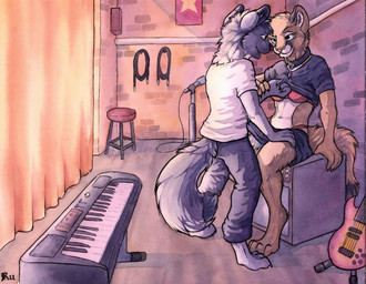 anthro backstage black_body black_fur bottomwear bra clothing collar digitigrade duo electric_guitar electronic_musical_instrument electronics female flirting fur guitar interspecies keyboard keyboard_instrument male male/female microphone musical_instrument musical_keyboard plucked_string_instrument skirt string_instrument tail underwear undressing ruaidri canid canine canis felid mammal pantherine wolf 2014
