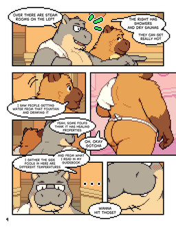 anthro biped blush bottomwear brown_body brown_fur butt clothed clothing dialogue duo fur inside loincloth loincloth_only looking_at_butt male overweight overweight_anthro overweight_male rear_view smile text topless torso_shot towel towel_on_shoulder conditional_dnp mabit gabe_(mabit) manny_(mabit) capybara caviid common_hippopotamus hippopotamid mammal rodent 2025 comic digital_media_(artwork) english_text hi_res pixel_(artwork)