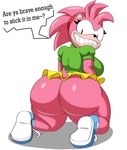 anthro big_breasts big_butt bottomwear breasts butt clothed clothing eyelashes female footwear hair huge_butt kneeling looking_at_viewer looking_back looking_back_at_viewer pink_body pink_hair pupils shoes simple_background skirt solo thick_thighs white_background mechspazer sega sonic_the_hedgehog_(series) rosy_the_rascal_(archie) eulipotyphlan hedgehog mammal hi_res