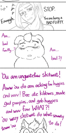 ambiguous_gender angry bloodshot_eyes bodily_fluids bowl clothed clothed_human clothing color_coded_text container crying dialogue duo eyelashes female female_human feral food_bowl front_view hooves insult pet_bowl pointing_at_object profanity purple_text tail tears teeth text young young_ambiguous young_feral yellowcottoncandy030 fluffy_pony fluffy_pony_(species) human mammal 2025 absurd_res broken_language comic digital_drawing_(artwork) digital_media_(artwork) english_text hi_res