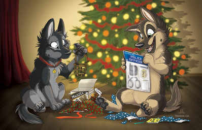 4_toes black_nose canid canine canis christmas claws conditional_dnp cuff_(restraint) digital_media_(artwork) domestic_dog duo feet feral german_shepherd gift green_eyes grey_eyes handcuffs happy herding_dog holidays hybrid male mammal metal_cuffs muzzle_(object) pastoral_dog pawpads paws police police_badge restraints shackles sitting tani_da_real toe_claws toes young young_feral