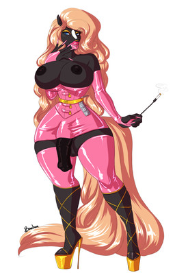 animal_genitalia animal_penis anthro armwear balls big_breasts big_penis black_body blonde_hair blue_eyes breasts bulge cigarette clothing colored_nails curvy_figure equine_genitalia equine_penis facial_piercing flaccid footwear genitals gynomorph hair high_heels intersex latex legwear lips long_hair looking_at_viewer makeup nails nipples nose_piercing penis piercing ring_piercing shoes simple_background smile snout solo standing thick_lips voluptuous voluptuous_anthro voluptuous_gynomorph voluptuous_intersex white_background wide_hips reina. equid equine horse mammal hi_res