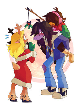 abstract_background accidental_holly ambiguous_gender ambiguous_human anthro antlers biped blonde_hair blue_clothing blue_jacket blue_topwear blush bodily_fluids bottomwear brown_body brown_bottomwear brown_clothing brown_ears brown_fur brown_hair brown_pants buckteeth carrying_another closed_smile clothing denim denim_bottomwear denim_clothing dress earmuffs eye_contact female female/female female_carrying_ambiguous flying_sweatdrops footwear freckles fur fur-trimmed_capelet fur-trimmed_dress fur_trim_(clothing) green_clothing green_handwear green_mittens green_sweater green_topwear group hair handwear holding_object holding_stick holly_(plant) hooves horn jacket jeans long_hair looking_at_another mittens mouth_closed pants pattern_clothing pattern_shirt pattern_topwear piggyback plant purple_body red_clothing red_dress red_nose red_scarf scarf scut_tail shirt shoes short_tail simple_background smile standing stick sweat sweatdrop sweater tail teeth tomboy tongue tongue_out topwear trio unguligrade wavy_mouth wavy_smile white_background white_clothing white_shirt white_topwear yellow_body yellow_skin akanemnon deltarune undertale_(series) kris_dreemurr noelle_holiday susie_(deltarune) deer human mammal new_world_deer reindeer scalie 2022 hi_res nonbinary_(lore)