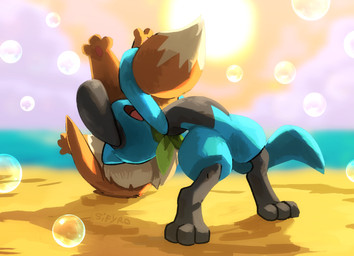 ambiguous_gender anthro beach blue_body blue_fur brown_body brown_fur bubble day digitigrade dipstick_tail duo feral fur markings seaside shadow sky sun suplex tail tail_markings water blitzdrachin conditional_dnp nintendo pokemon pokemon_mystery_dungeon spike_chunsoft eevee generation_1_pokemon generation_4_pokemon pokemon_(species) riolu 2023 digital_media_(artwork) digital_painting_(artwork) hi_res painting_(artwork) shaded soft_shading